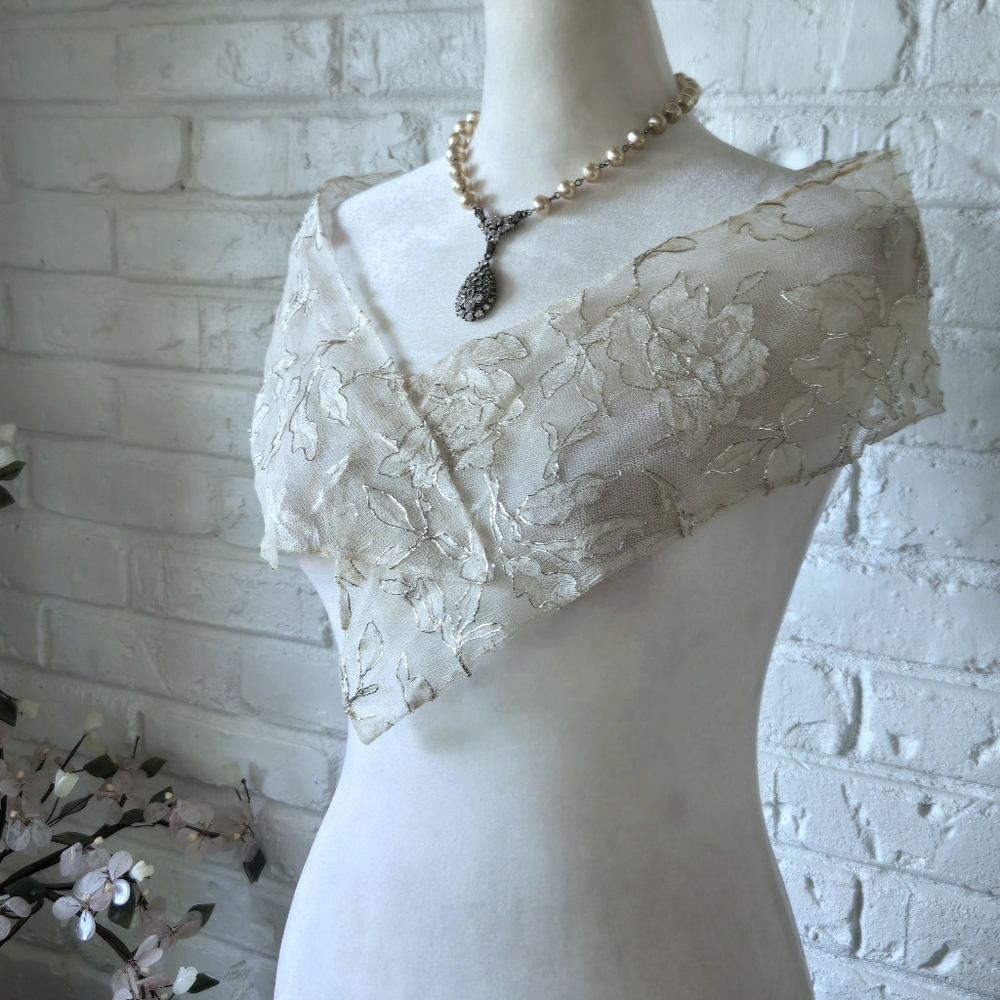 Vintage Ivory + Silver Floral Lace Scarf, Party, Bridal, Wrap
